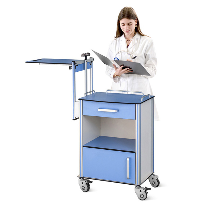 Ithebula Eliguquguqukayo Le-Medical Overbed Table Aluminium Isitoreji Sesibhedlela Ithebula Eliseceleni Kombhede elinama-Casters