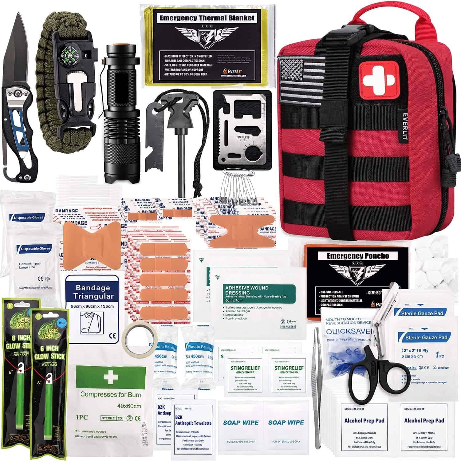 I-Red Survival First Aid Kit Iqukethe Izingcezu ezingama-250 Zosizo Lokuqala